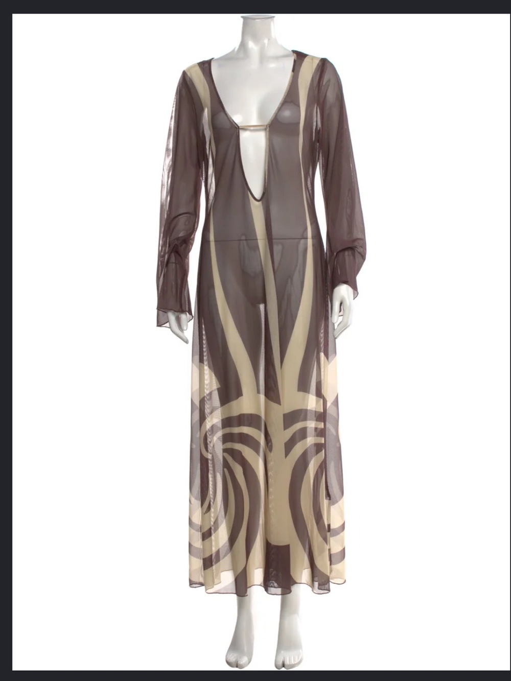 Caroline Sheer Long Sleeve Maxi Dress in Taupe and Cream